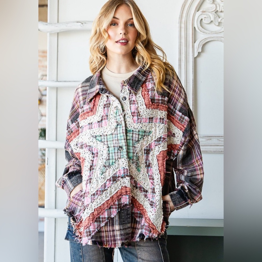 Oli & Hali Star Plaid Patchwork Star shacket lace  button down multicolor pink - Picture 9 of 9